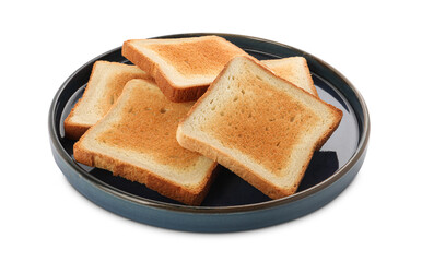 Plate with slices of delicious toasted bread on white background