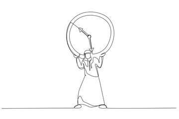 Illustration of arab businessman salary man carry heavy big clock burden. Time management failure concept. One continuous line art style
