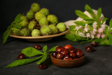 Bowl of fresh chestnuts on dark background