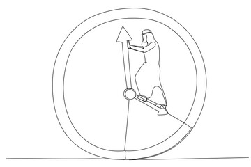 Cartoon of arab businessman standing on clock hour hand manage to push back minute. Turn back time metaphor. Single continuous line art style