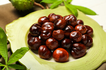 Plate of fresh chestnuts, closeup