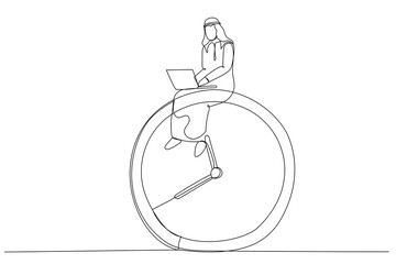 Drawing of arab businessman using computer laptop sitting on clock working. After hours worker, working late overtime concept. Single continuous line art