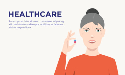 Fototapeta na wymiar Healthcare. Vector illustration with copy space. Senior woman is holding medicine capsule in her hand