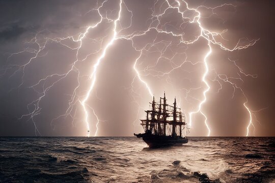 lightning in the sea ship in the middle of a storm
