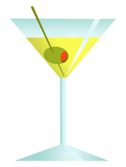 A martini is seen on an orange and red patchwork background with grunge. And of course, an olive in the glass.