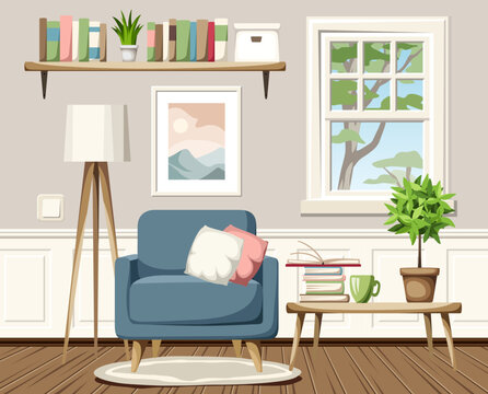 Cozy room interior with an armchair, a table, a window, and a floor lamp. Cartoon vector illustration
