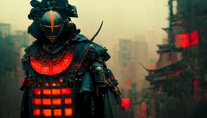 image of a cyberpunk medieval samurai cosplay, slightly blurred background