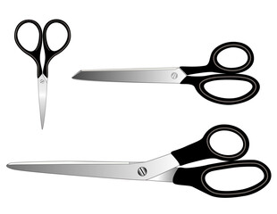 Scissors Collection, long blade dressmaker shears, standard heavy duty scissors, delicate embroidery pair for needle work, sewing, tailoring, quilting, home decorating, DIY arts and crafts, isolated