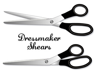 Dressmaker Shears, black handle long blade scissors pair,  can re-position blades in EPS, for sewing, tailoring, quilting, home decorating, textile arts, do it yourself crafts, isolated on white