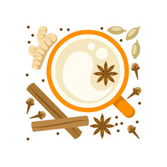 Vector illustration, Masala chai, Indian drink, Black tea with milk and spices. isolated on white background. - obrazy, fototapety, plakaty
