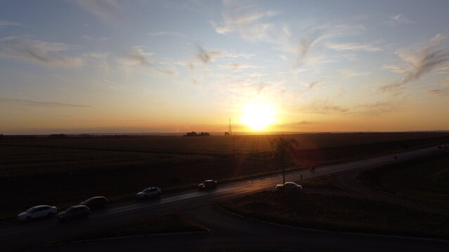 CAMPO DE GIRASSOES EM UM MOMENTO DE ENTARDECER, E POR DO SOL, EM UMA RODOVIA.