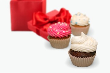 Three Cup Cake and Box. Tasty sweet food