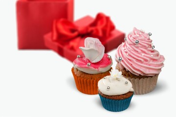 Three Cup Cake and Box. Tasty sweet food