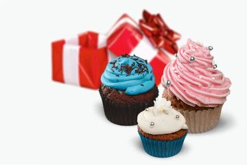 Three Cup Cake and Box. Tasty sweet food