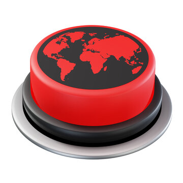 World red 3D button, earth icon on red push button 3D render