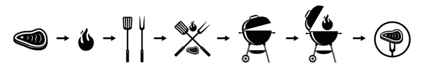 Fototapeta premium BBQ or barbecue cooking process with meat, fork, spatula, smoke and grill tools with fire symbol icon vector set