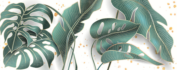 Abstract botanical art background with tropical leaves in green, blue and gold colors. Vector banner with exotic plants for decor, print, textile, wallpaper, packaging. © VectorART