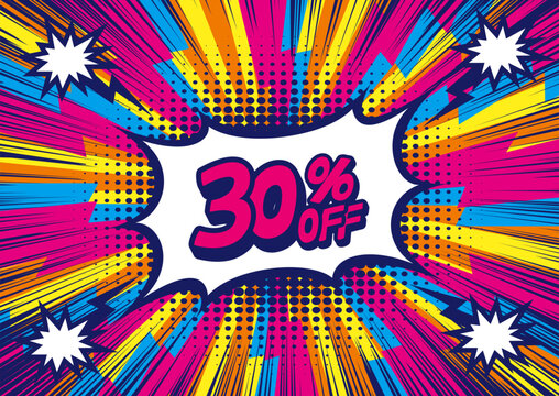 30 Percent OFF Discount on a Comics style bang shape background. Pop art comic discount promotion banners.