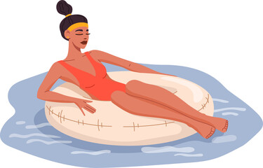Woman in water pool relaxing on float swim ring