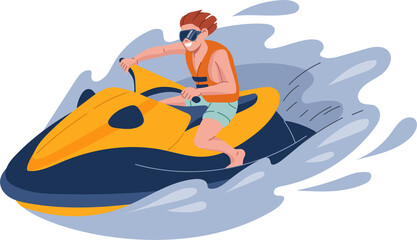 Cheerful man, tourist in life vest rides a jet ski