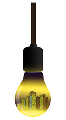 City lights are seen inside an incadescent light bulb in a 3-d illustration on a transparent background.