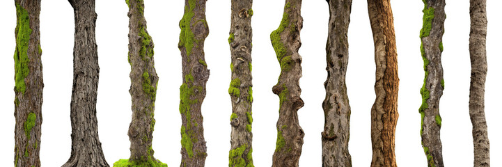 tree trunks, overgrown with moss and lichen, isolated on white background 