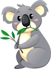 Funny koala cartoon character, eucalyptus branch