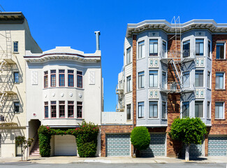 Exterior view of typical low rise residential buildings on Chestnut street in San Francisco, California