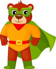 Funny bear superhero character in green mask, cape