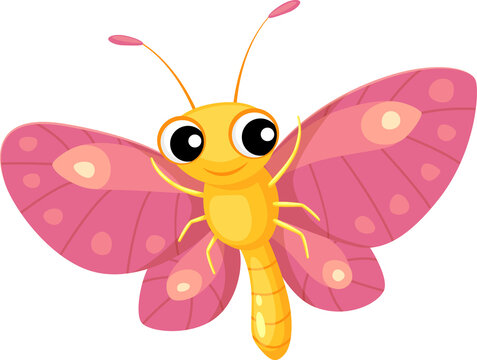 Pink butterfly cartoon character, cute insect bug