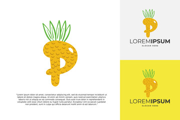 P letter logo made of pineapple. Fruit handmade calligraphy for agricultural identity, restaurant cards, kids t-shirt, summer prints, etc