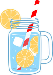 Lemonade in glass jar bottle, lemon slices drink