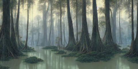 swamp in a cypress forest, lush flooded woodland with old trees, painting of a beautiful nature scene