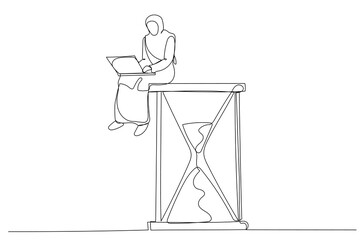 Illustration of muslim businesswoman sitting on the hourglass with laptop legs crossed. Time management and procrastination concept. One line style art