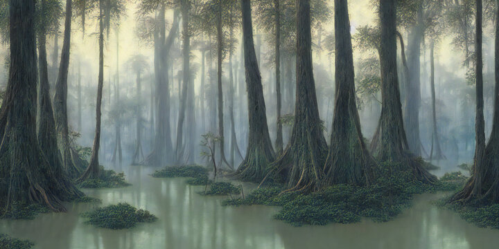 swamp in a cypress forest, lush flooded woodland with old trees, painting of a beautiful nature scene
