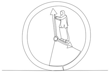 Cartoon of muslim businesswoman standing on clock hour hand manage to push back minute. Turn back time metaphor. Single continuous line art style