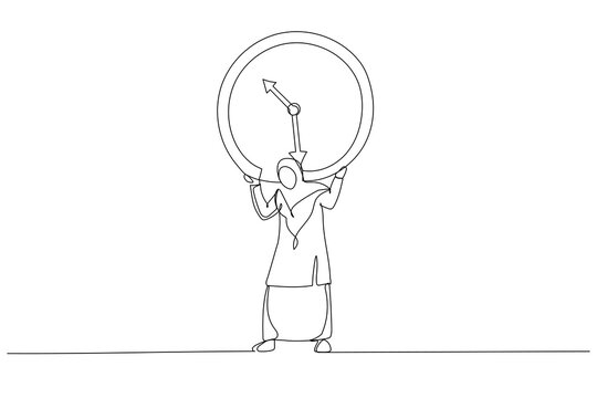 recommend clip art: Illustration of muslim businesswoman salary woman carry heavy big clock burden. Time management failure concept. One continuous line art style