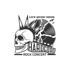 Rock concert live show vector icon with skull and music guitar, hardcore stage. Hard rock concert emblem with punk skull and broken vinyl disk, rocker club or festival t-shit print - obrazy, fototapety, plakaty