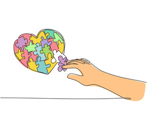 Single continuous line drawing of young happy woman put the puzzle pieces together to cute heart shape form. Romantic game of love concept. Modern one line draw design graphic vector illustration