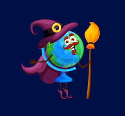 Cartoon school globe witch, wizard or mage character. Isolated vector funny educational supply with broom wear hat and cape for Halloween party. Earth model for geography lessons and education