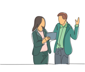 Single continuous line drawing of young male and female managers discussing strategic planning to increase company profit. Business growth discussion concept. One line draw design vector illustration