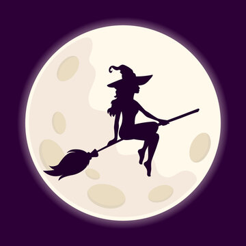 Silhouette of halloween beautiful sexy Witch flying over moon
