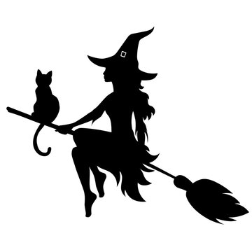 Halloween beautiful sexy witch and cat on broom fly silhouettes