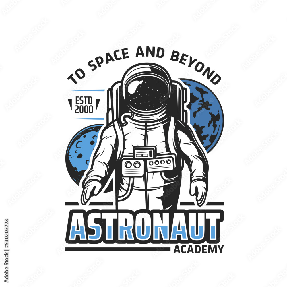 Poster astronaut academy vector icon of space planets and spaceman. astronomy science education isolated sy
