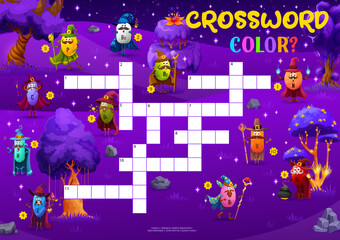 Crossword quiz game. Cartoon vitamin Halloween wizard and mage characters. Kids vocabulary quiz or search word crossword puzzle vector worksheet with C, H, E and B, U vitamin sorcerer funny personages