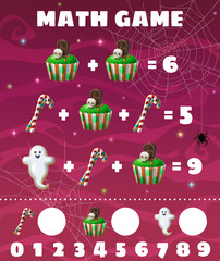 Cartoon Halloween sweets. Math game worksheet. Kids mathematics puzzle or addition quiz vector worksheet with Halloween spooky pastry desserts, candy cane, ghost gingerbread cookie and creepy cupcake