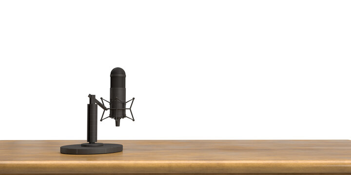 Microphone international podcast technology sound audio person communication radio headphone equipment voice world holiday entertainment stereo listen talk studio wooden table computer copy space