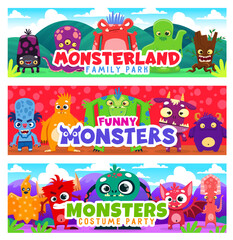 Naklejka premium Cartoon monster characters. Horizontal vector background or banner with five eyed octopus, slime monster and angry tree stump, evil blue zombie, funny yeti and furious devil strange monster personages