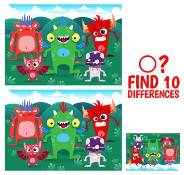 Find ten differences between cartoon monster characters. Difference search puzzle or game vector worksheet with funny dragon, angry mushroom and evil devil, bat, spooky alien cute monster personages
