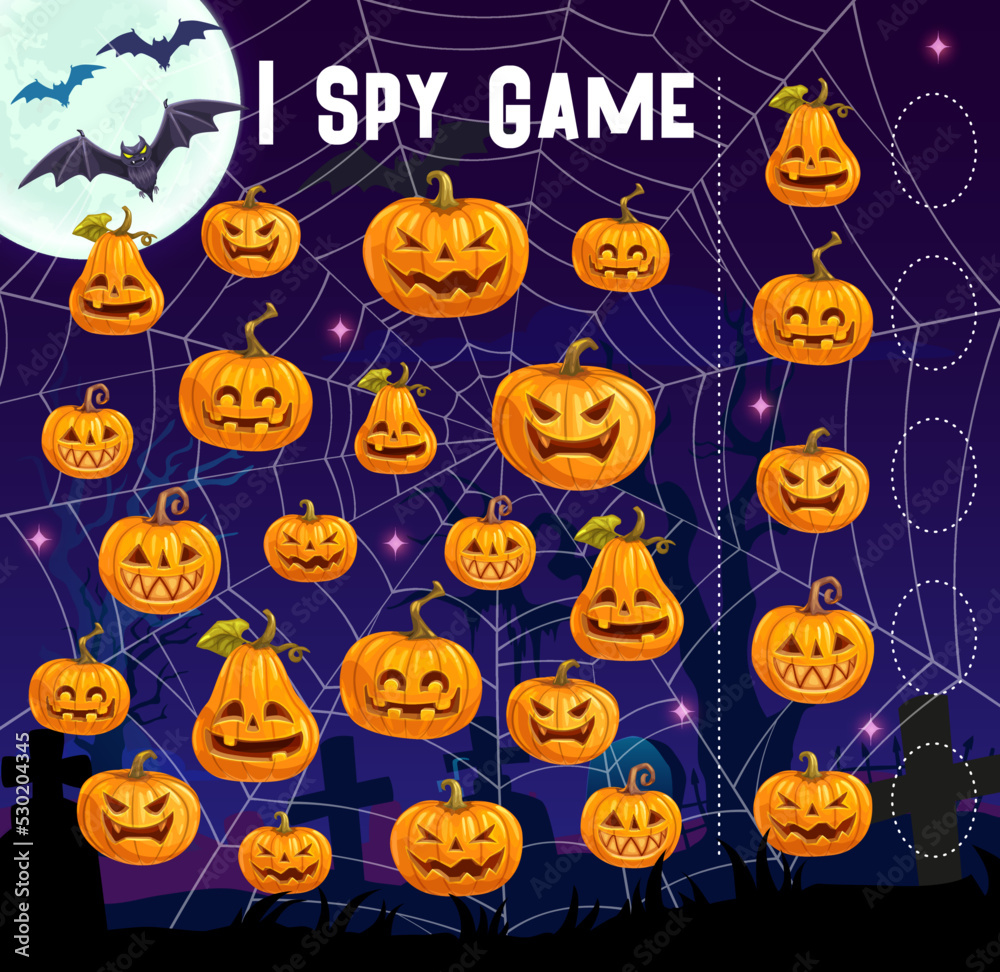 Poster halloween i spy game. cartoon pumpkin lanterns in cobweb. children counting puzzle or quiz vector wo